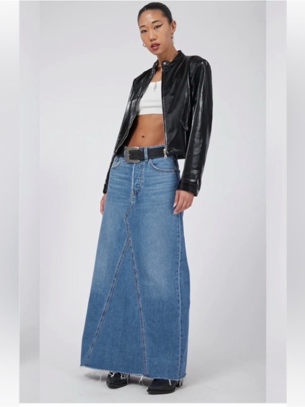 Levi's Denim Maxi Skirt Button Fly Raw Hem Side Slit Blue Jean A-Line Size 31
